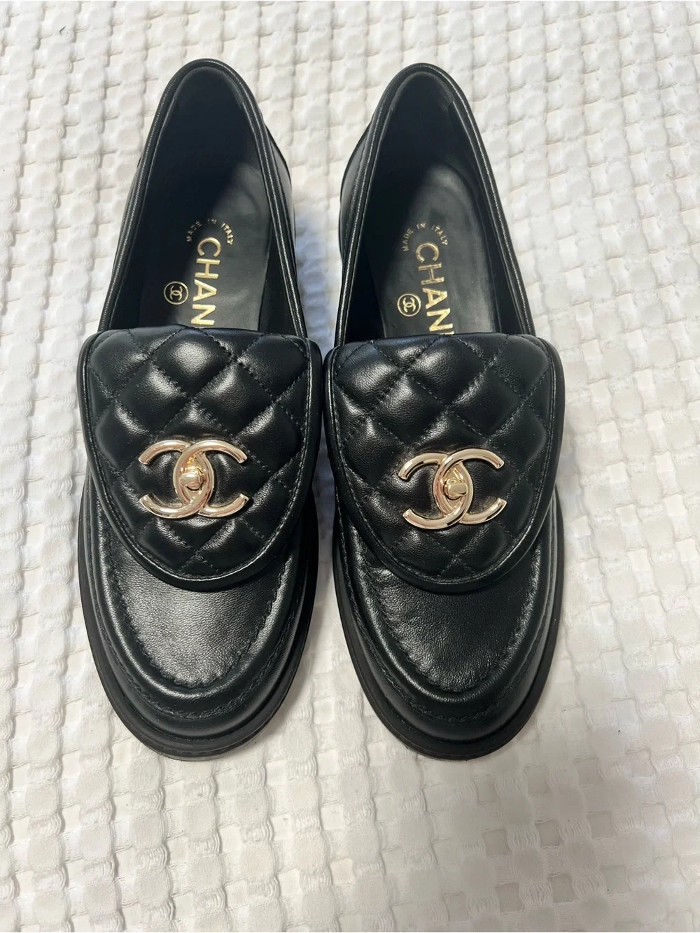 CHANEL Black Quilted Lambskin CC Turnlock Loafers Moccasins